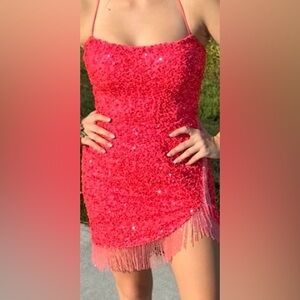 Alyce Paris Hot Pink Sequin Fringe Mini Dress